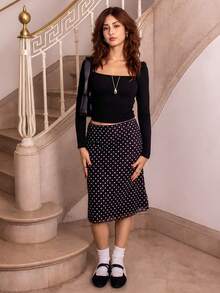 Ananda Vibes Rok Wanita Motif Polkadot Jala Warna Kontras Hitam - Hitam - View 1