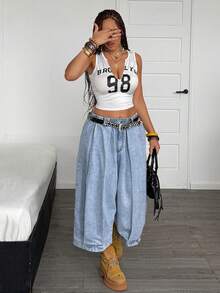 Jeanoix Quần Capri Denim Xanh Y2K Nữ Size Lớn Thời Trang Dã Ngoại Đa Năng Xếp Ly Nhiều Túi Dáng Rộng - Rửa nhẹ - Xem 6