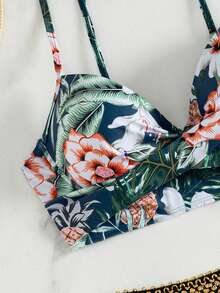Swim Lushoire Women's Summer Beach Floral Print Halter Neck Tie Sexy Bikini And Triangle Bottoms Two-Piece Swimsuit Set - Multicolor - View 8
