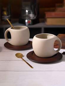 Zazumi 1pc Retro Ceramic Coffee Cups And Plates, With Wooden Coasters And Metal Spoons, Handcrafted Rough Pottery Design, Personalized Coffee Cup Set For Couples, Returning To School Life - Multicolor - View 1