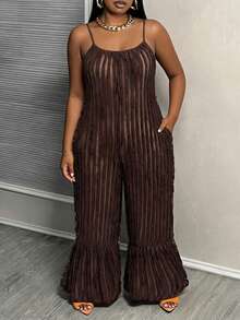 EMERY ROSE Plus Size Pleated Striped Jumpsuit, Loose Wide Leg Pants - Brown - View 6