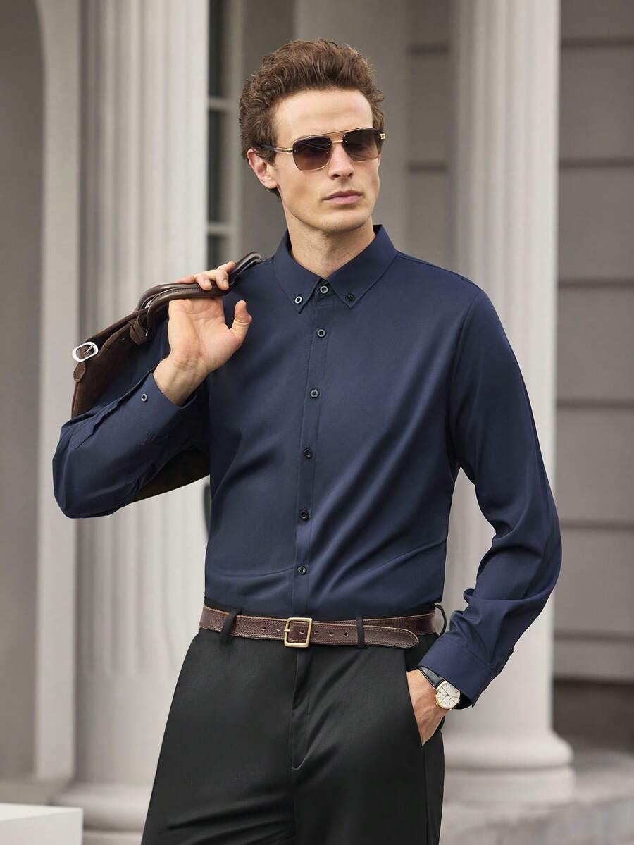 Officeau Men's Solid Collar Long Sleeve Polyester Shirt, Button Front, Spring/Fall, Button Down Shirt, Comfortable, Casual, Layering, Daily Wear, Gift For Father/ Husband