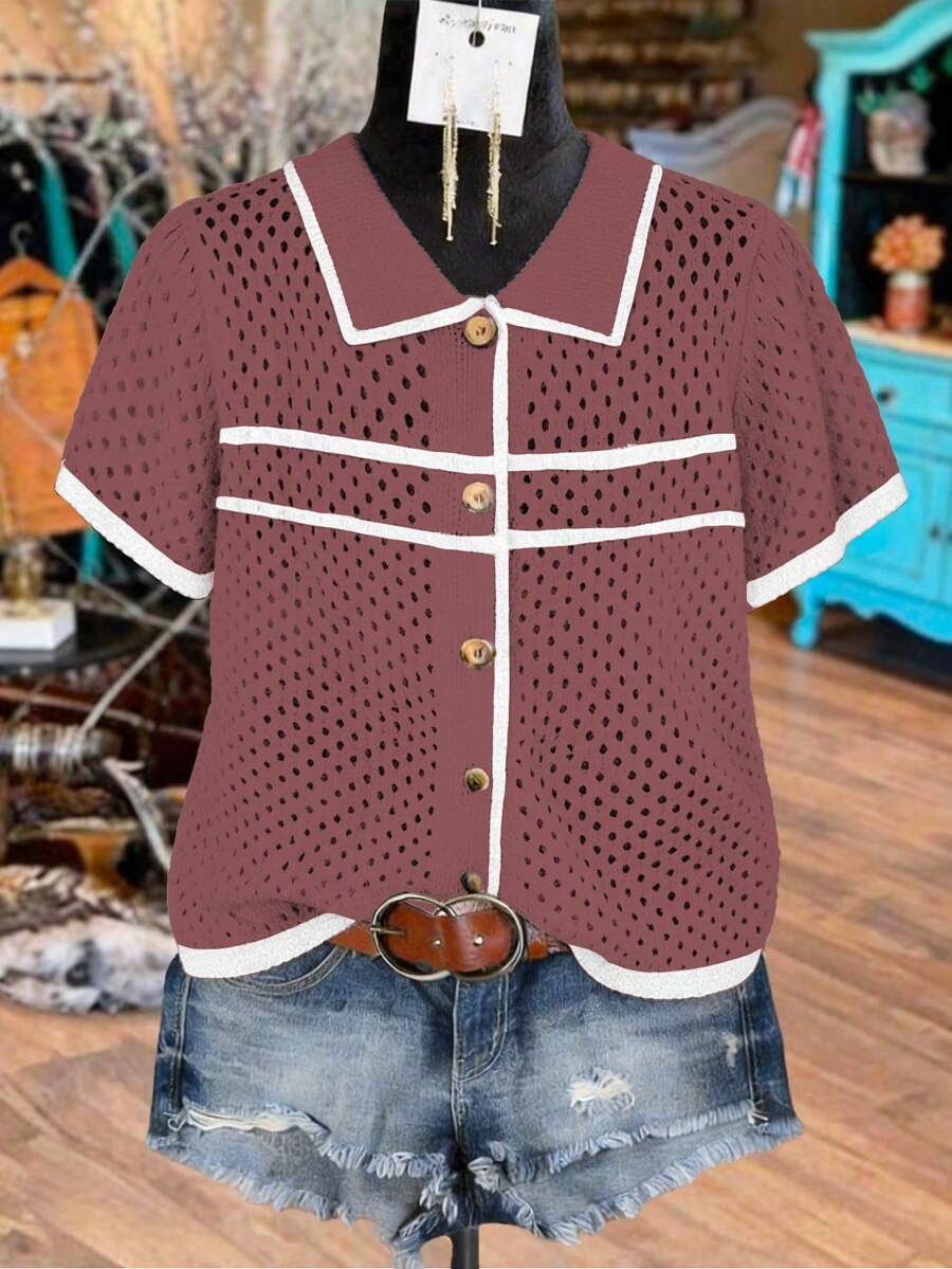 Linhara Plus Size Women's Colorblock Knit Open Collar Hollow Out Striped Single Breasted Short Sleeve Regular Casual Minimalist Spring Summer Cardigan - Red Violet - View 1