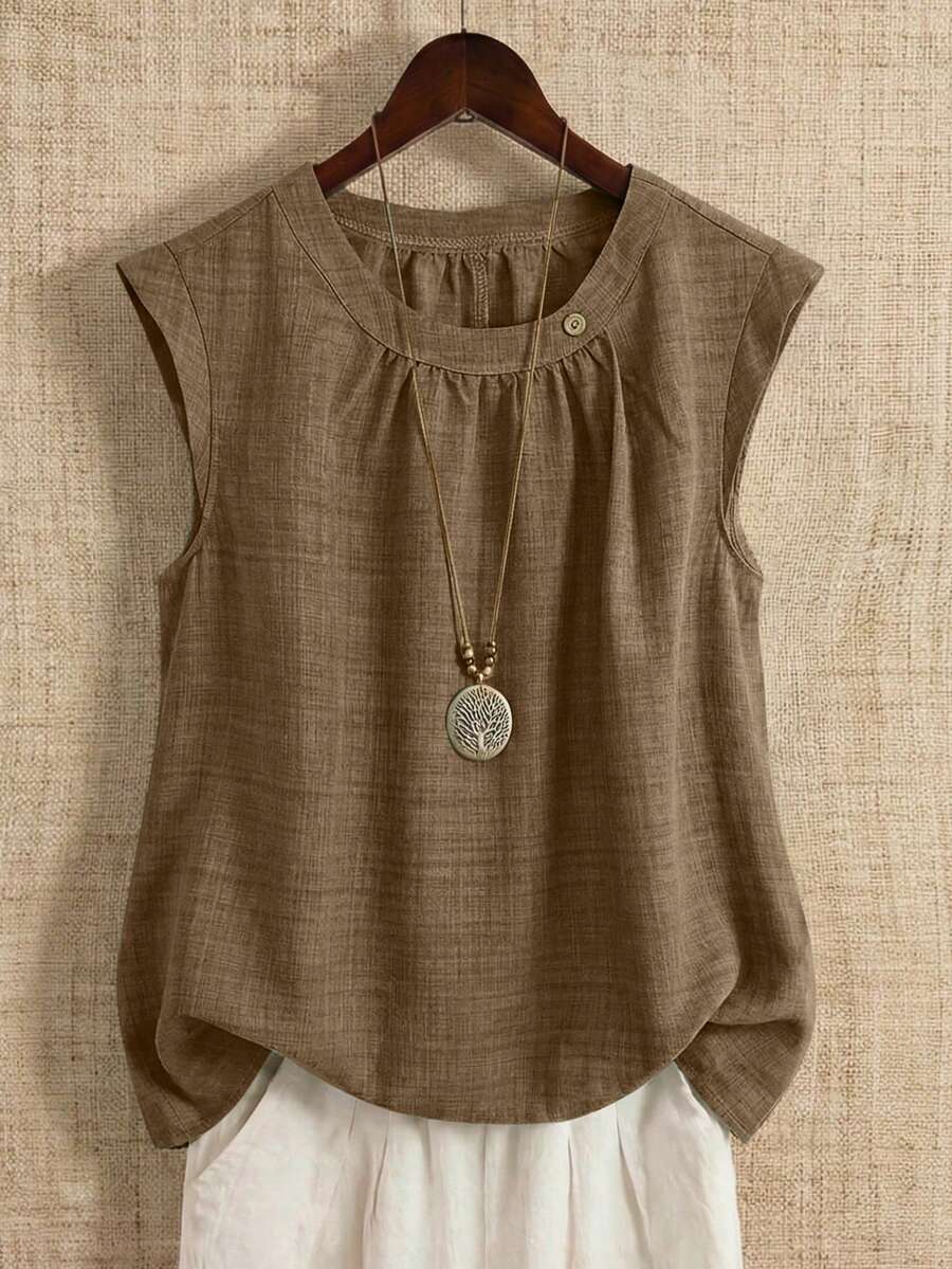 Linhara Blusa Feminina Plus Size de Verão, Elegante e Requintada, para Ir ao Trabalho, Gola Redonda, Franzida, Texturizada, Evasê, Sem Mangas - Castanho - Visão 1