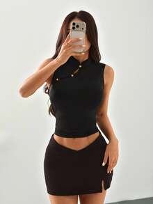 SHEIN PETITE Áo tank top cổ sườn xám kiểu Trung Quốc cổ điển dành cho nữ, màu đen, kiểu áo chui đầu thoải mái, thích hợp cho kỳ nghỉ, du lịch, áo nữ thanh lịch, áo mặc hàng ngày đi làm. Áo không tay màu đen, áo cổ cao, áo hè màu đen. - màu đen - Xem 4