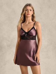 EverLounge Color Block Lace Patchwork Cami Sleep Dress Pajama Dress Luxeloungewear - Rust Brown - View 3