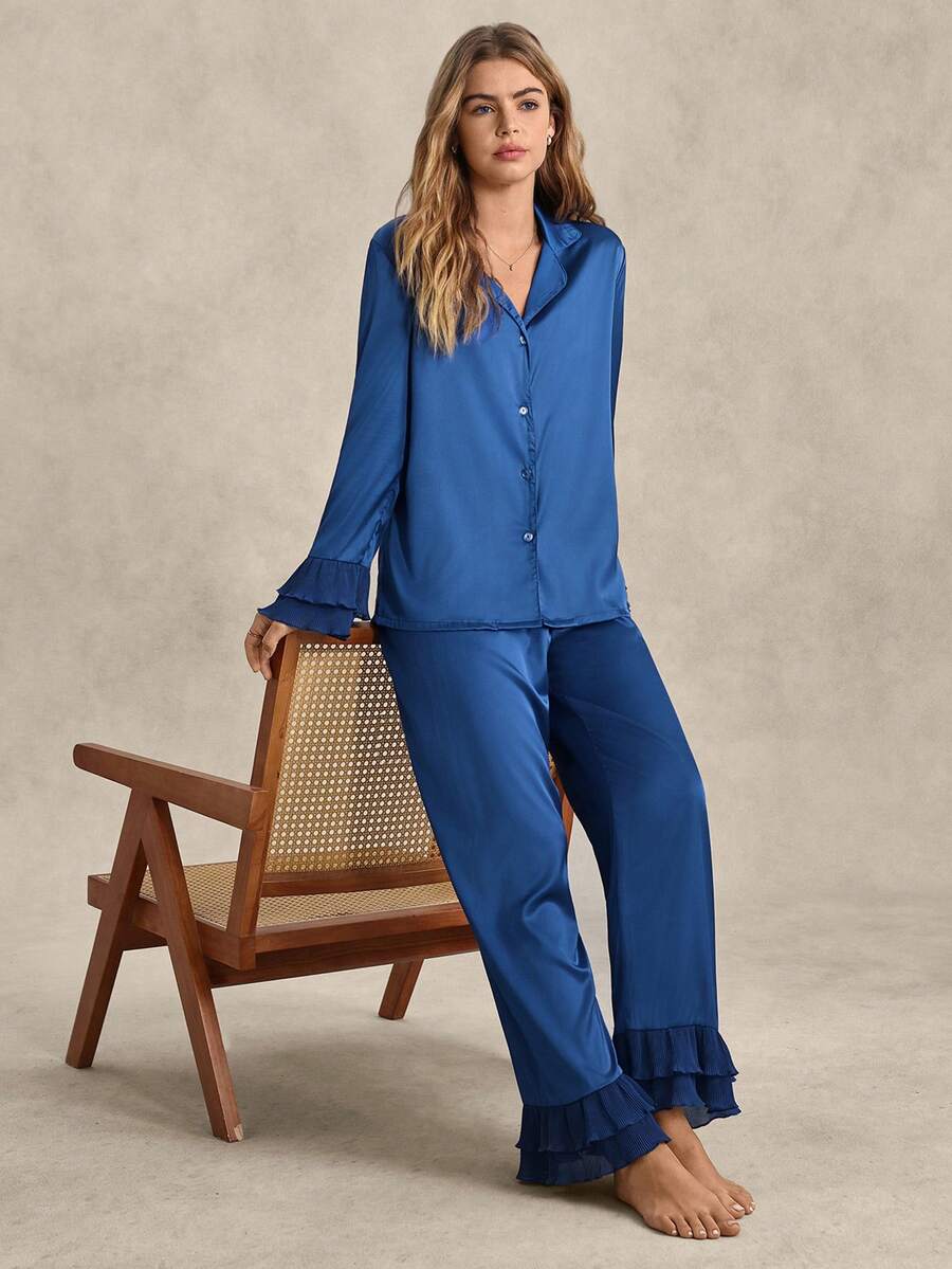 EverLounge Flounce Sleeve Top & Pants Satin PJ Set / Pajama Set, Fall Winter Clothes - Blue - View 1