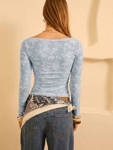 Aralina Damen Ausschnitt Rundhals Langarm Figurbetontes Mode T-Shirt - Graublau - Übersicht 2