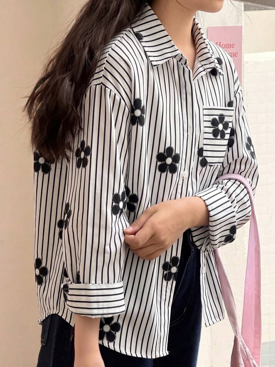 SHEIN Tween Girl Striped Lightweight Sun Protection Shirt, Spring & Summer,Holiday,Summer,Travel - Black and White - View 1