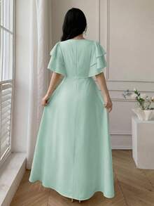 Celisse Round Neck Double Ruffle Sleeve Cinched Waist Back Zipper Long Dress For Women - Mint Blue - View 2