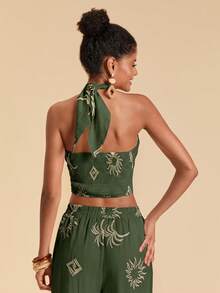 Travachic Women's Embroidered Backless Halter Top For Vacation And Casual Wear - Green - View 2