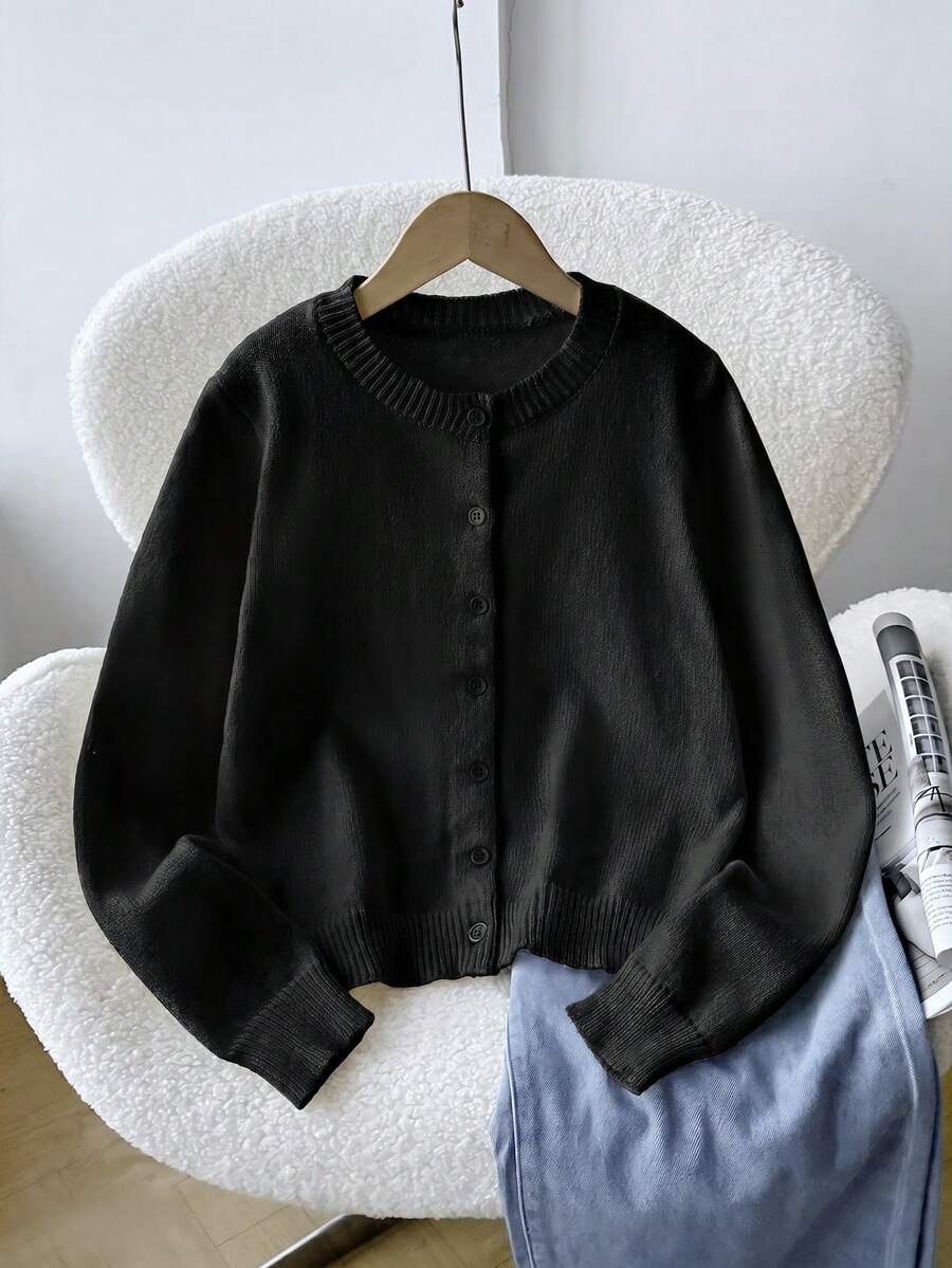 SHEIN Tween Girl Tween Girls' Loose Casual Minimalist Comfortable Round Neck Open Front Solid Color Sweater Autumn Winter Clothes For Girl - Black - View 1