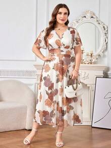 Reflora Plus Size Women Floral Print Short Sleeve Elegant Dress - White - View 6
