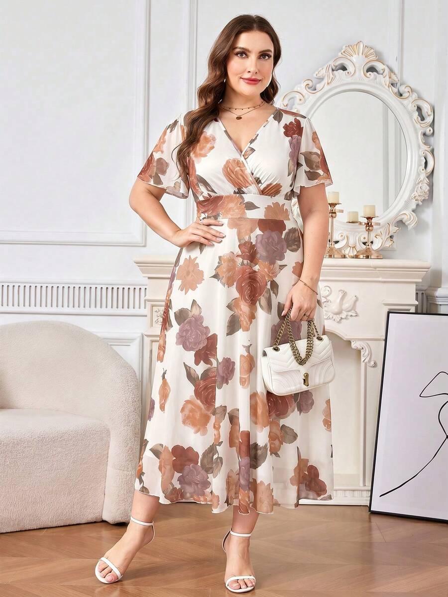 Reflora Plus Size Women Floral Print Short Sleeve Elegant Dress - White - View 1