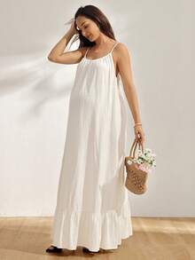 GentleRue Maternity Beige Maternity Slip Dress, Backless With Adjustable Drawstring, Loose A-Line Silhouette, Comfortable Skin-Friendly, Suitable For Home Vacation Beach - Beige - View 5