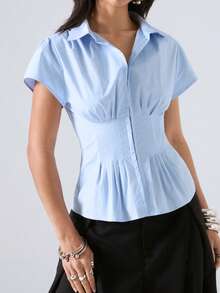 LYSMO Áo blouse nữ màu trơn tay cánh dơi ngắn, eo chiết, xếp ly - Màu xanh nhạt - Xem 4