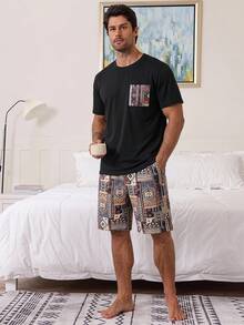 DAZY Summer Multi-Color T-Shirt With Pockets Paired With Dark Grey Shorts, Men's Casual Homewear Set - Multicolor - View 5