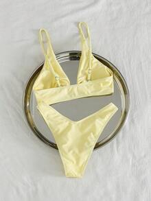 Swim Mod 新品春夏季毛茛黃扭轉前胸比基尼套裝，甜美女孩海灘休閒度假兩件式泳衣 - 彩色 - 查看 2
