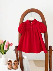 SHEIN LMoss Kids 女婴可爱短袖翻领连衣裙，夏季 - 紅色 - 查看 4