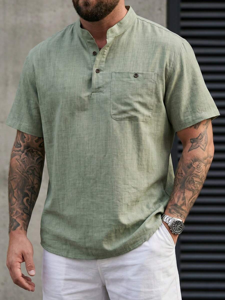 DRIVNCORE Men's Plus Size Short Sleeved Shirt With Front Pocket - Olive Green - View 1