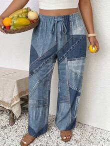 SHEIN Frenchy Plus Size Women Casual Denim Print Pants, Suitable For Summer - Multicolor - View 1
