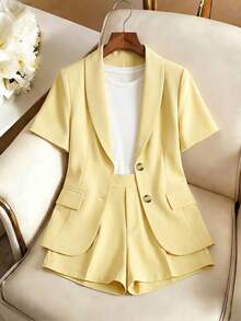GlowEve Women's Light Yellow Summer 2pcs Suit Set,Short Sleeved Jacket & High Waisted Wide Leg Pants,Smart Casual Commuting Office Wear For Brunch, - Yellow - View 3