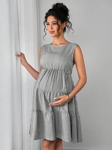 Momance 條紋V領無袖短版上衣 & 優雅蝴蝶結孕婦洋裝 - 黑與白 - 查看 5