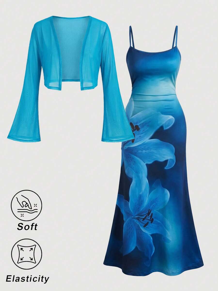 SHEIN MOD 大尺碼棕色百合印花兩件組開襟中長洋裝，適合度假與音樂節 - 霧霾藍 - 查看 1