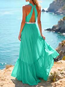 SHEIN LUNE Women's Chiffon Dress, Elegant Beach Vacation Style For Spring And Summer - Aqua Blue - View 2