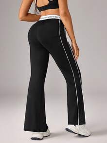 Dewbera Dewbera Women's Casual Letter Tape Contrast Piping Split Hem Straight Leg Sweatpants - Black - View 2