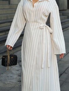 Sandy Gomes Spring & Summer Loose Business Casual Vacation Style Fashion Office Wear Street Textured Striped 2 In 1 Waist Tie Wrap Design Long Shirt Elegant - Beige - View 4