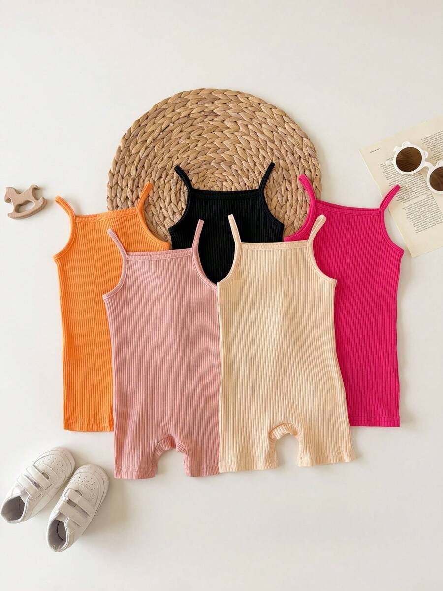 Baby Girl Casual Knit Solid Color Camisole Romper 5pcs Set - Multicolor - View 1