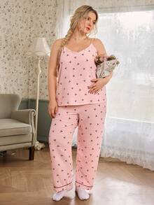 CottageSlumber Bubble Textured Plaid Cherry Print Plus Size Camisole & Pants Pajama Set - Pink - View 5