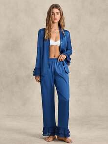 EverLounge Flounce Sleeve Top & Pants Satin PJ Set / Pajama Set, Fall Winter Clothes - Blue - View 3