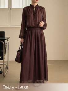 DAZY Women's Solid Color Mandarin Collar Lantern Sleeve Elegant 2-Piece Set, Suitable For Spring & Summer - Black - View 1