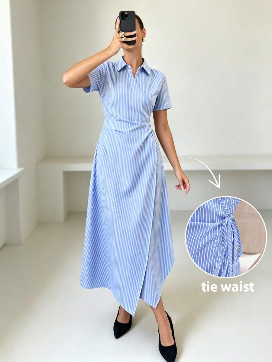 Mulvari Women's Blue And White Stripe Stripe French Style A-Line Midi Dress With Waist Cinching Brunch Work Vacation Summer Elegant French - Blue - View 1