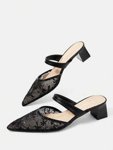 CUCCOO HITCHD Black Lace Pointed Mullers, See-Through Mesh Thick Heel Slippers, Workplace Dating Party Slim Heels - Black - View 12