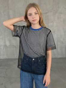 DAZY Tween Girl Mesh Patchwork Striped Round Neck Short Sleeve 2 In 1 T-Shirt Summer - Black - View 3