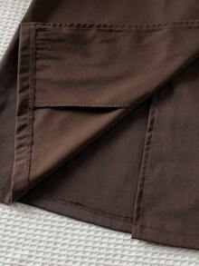 SHEIN 青少年女孩返校時尚簡約長袖卡其色純色夾克外套 拉鍊款 秋冬 - 棕色 - 查看 6