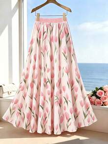 SHEIN PariChic Women's Floral Print Vacation A-Line Skirt Gentle Tulip Print Autumn Pink Elegant Casual Suitable For Holidays Workplace Daily Wear Graduation Party - Pink - View 2