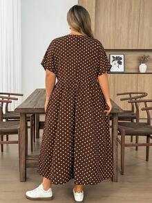 SHEIN CURVE+ Vestido de bebé talla grande para mujer, vestido holgado, vestido de verano de manga corta, ropa holgada y cómoda talla grande, vestido estampado, vestido casual de vacaciones, vestido casual para mujer, vestido casual de iglesia para mujer, vestido casual de maestra talla grande, falda de burbuja de otoño para mujer, vestido de trabajo, vestido de salida, vestido casual - Marrón - Ver 3