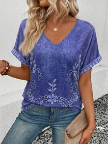 EMERY ROSE New V-Neck Short Sleeve T-Shirt For Women, Faux Leather Texture Print - Multicolor - View 5