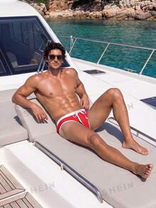 Manfinity Swimmode 2026 Nuevos Bañadores Triangulares de Bloques de Color para Hombres, Vacaciones en la Playa, Fiesta en la Piscina, Festivo - Rojo y blanco - Ver 4