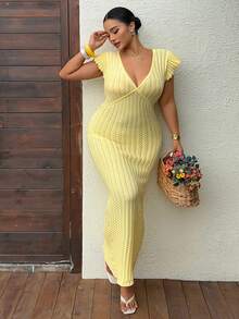 Dazy Plus Plus Size Women's Deep V-Neck Wrap Maxi Dress, Vacation Style Beach Dress, Yellow, Spring/Summer - Yellow - View 6