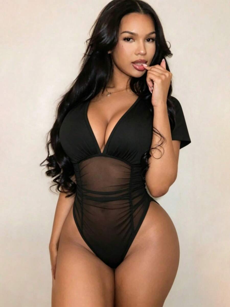 SHEIN BamGlam Black Mesh Sheer Bodysuit, Deep V-Neck Short Sleeve Ruched Bodycon Clubwear Night Out Top Summer Sexy - Black - View 1
