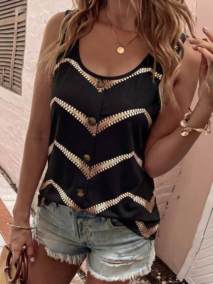 EMERY ROSE Women's Spring/Summer New Arrival Dot & Asymmetrical Stripe Print Pattern U-Neck Casual Versatile Tank Top - Multicolor - View 1