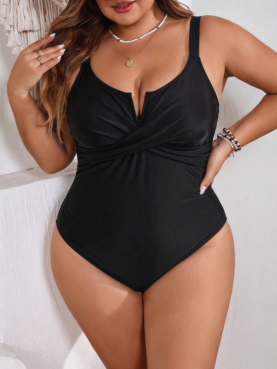 SHEIN CURVE+ Đồ bơi một mảnh cổ chữ V màu đen cho nữ size lớn - màu đen - Xem 1