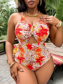 Slaydiva Traje de baño de una pieza con estampado de leopardo y floral, talla grande - Multicolor - Ver 3