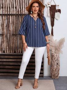 EMERY ROSE Casual Minimalist Navy Blue Nautical Rope Stripe Full Print V-Neck 3/4 Sleeve Blouse, Suitable For Spring And Summer - Multicolor - View 3