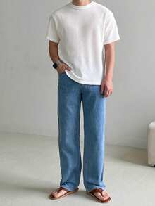 DAZY White Ribbed Fabric Short Sleeve Solid Color T-Shirt For Men Summer - White - View 1